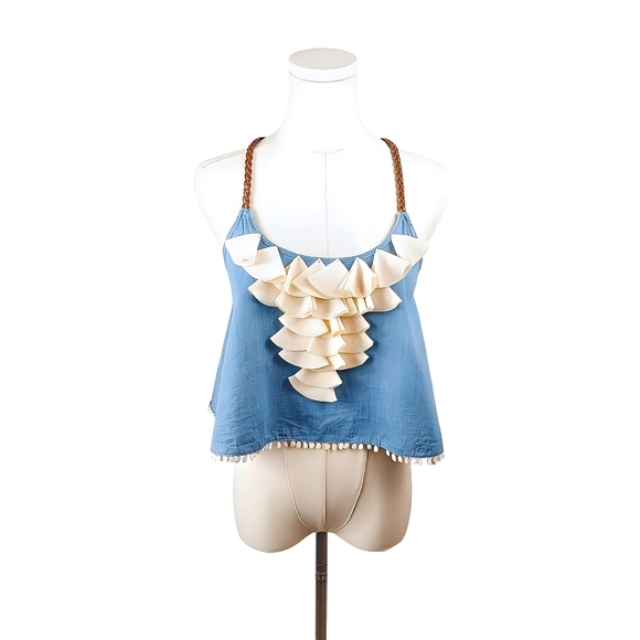 Double Zero Blue Ruffle Cropped Tank Top Braided Straps Size S Denim - Picture 1 of 4